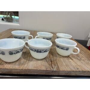 Vintage Pyrex Corning Old Towne Blue Milk Glass Mugs Blue & White Floral (Six)